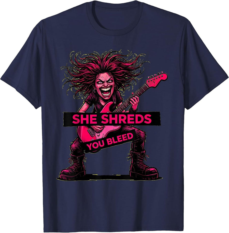 She Shreds You Bleed Rock Women Graphic Design T-Shirt - Navy Blue