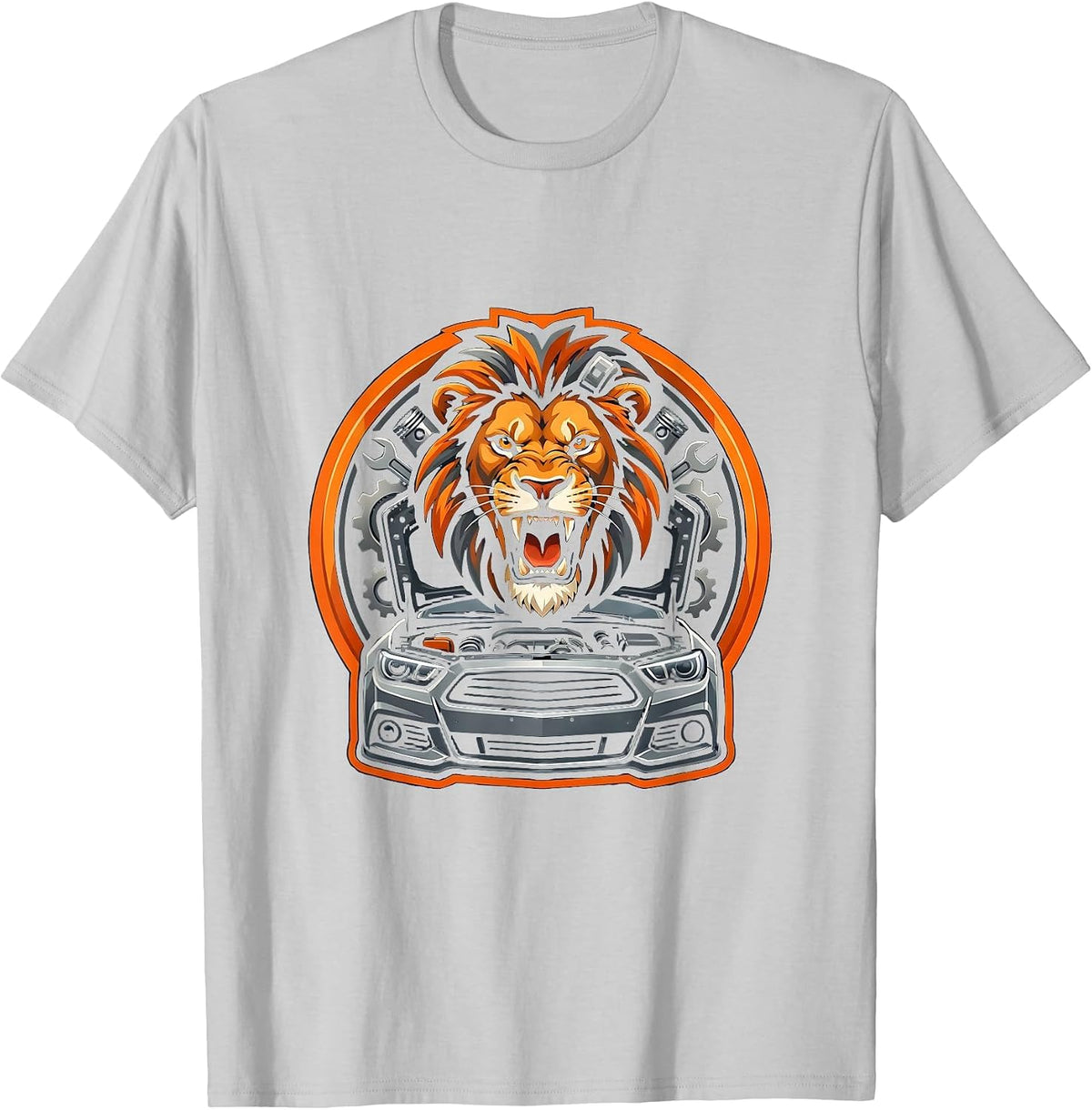 Men's Lion Engine Mechanic Open Hood Roar Graphic T-Shirt - Silver Grey