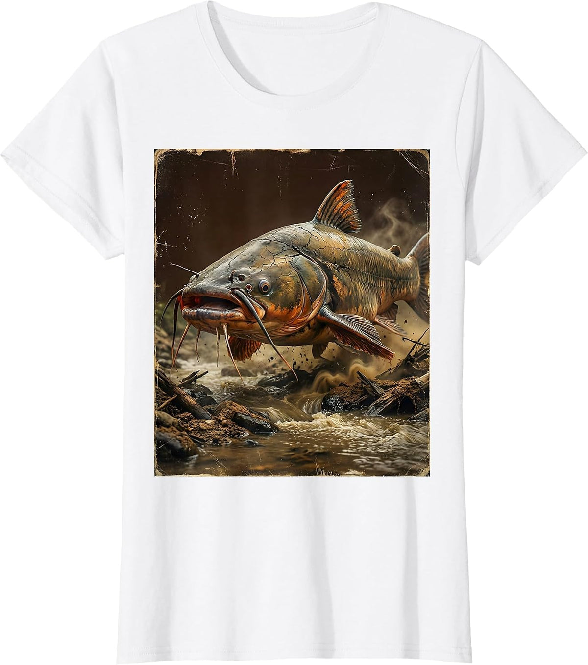 Catfish Riverbed Lurking Fishing Graphic T-Shirt - White