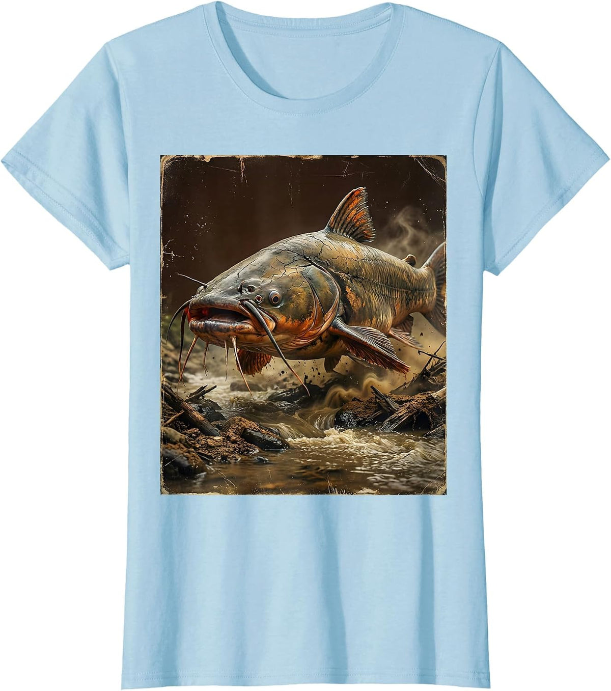 Catfish Riverbed Lurking Fishing Graphic T-Shirt - Baby Blue