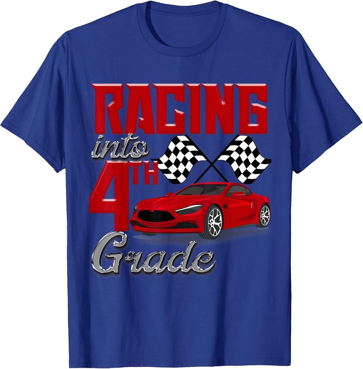 Racing Into 4th Grade Race Car School Kids Checker Flag Boys T-Shirt - Royal Blue
