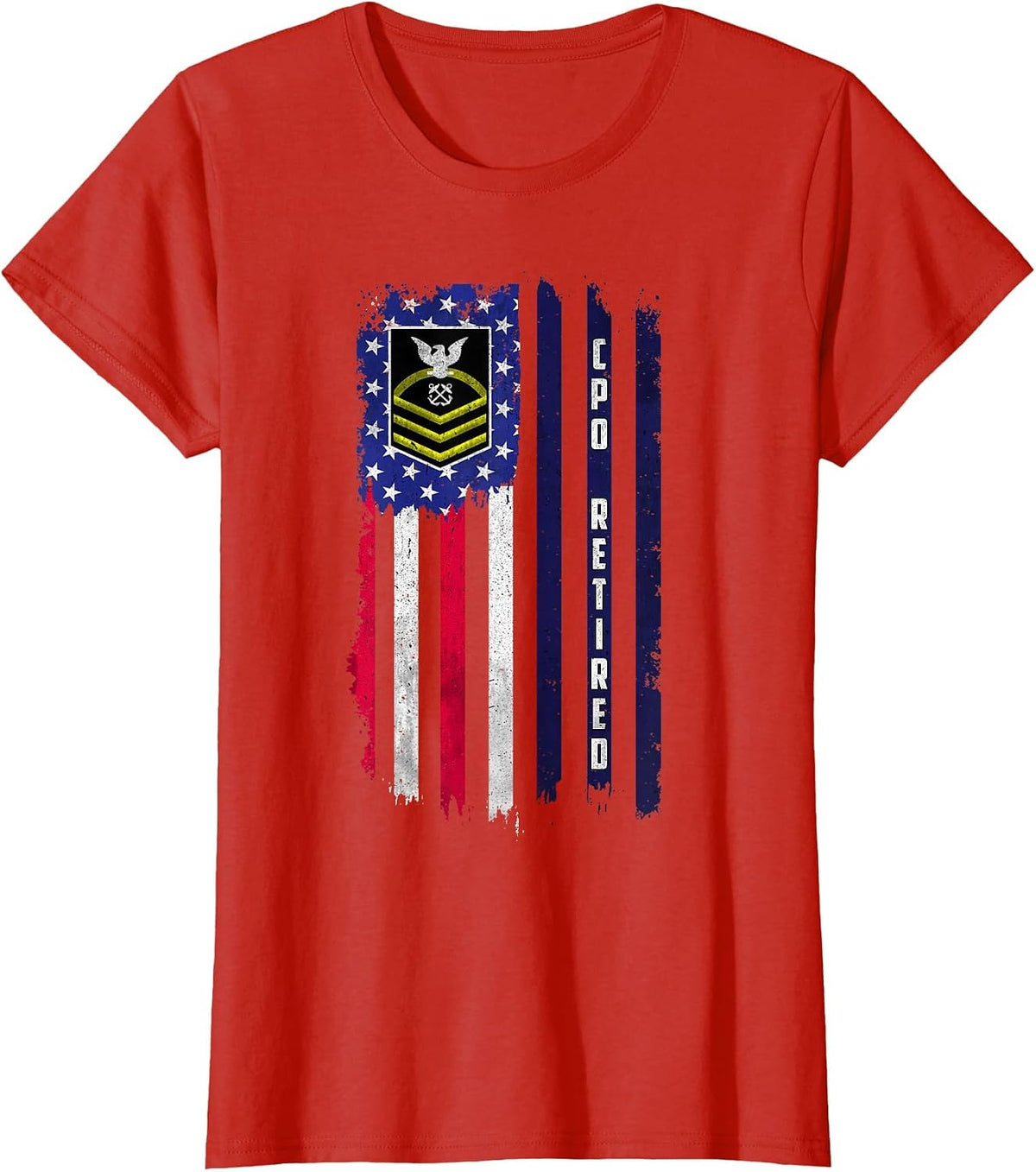Retired E-7 Chief Petty Officer CPO Rank American Flag Papa T-Shirt - Red