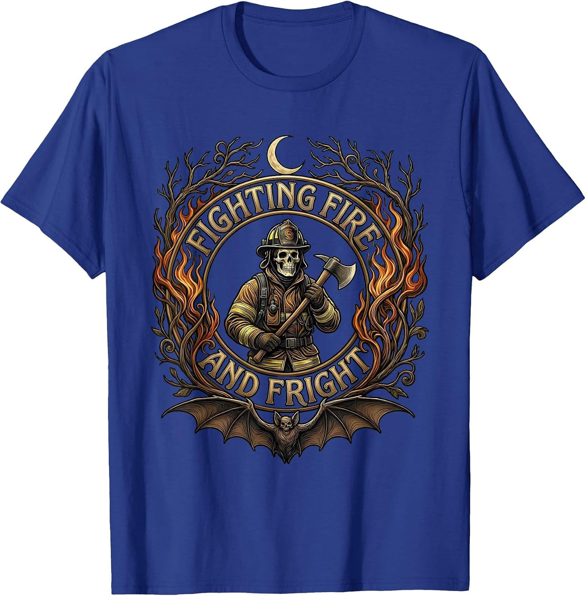 Men's Halloween Firefighter Fighting Fire and Fright Design T-Shirt - Royal Blue