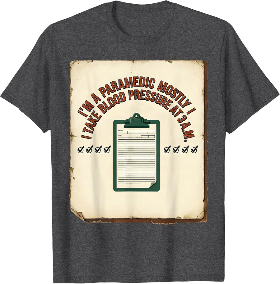 Men's I'M A PARAMEDIC MOSTLY I TAKE BLOOD PRESSURE AT 3 A.M. T-Shirt - Dark Heather Grey