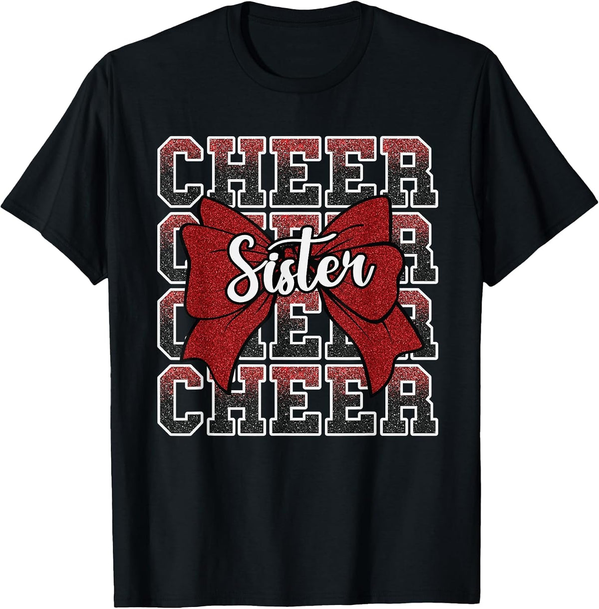 Coquette Cheer Sister Bow Sport Cheerleader Cheerleading Red T-Shirt - Black
