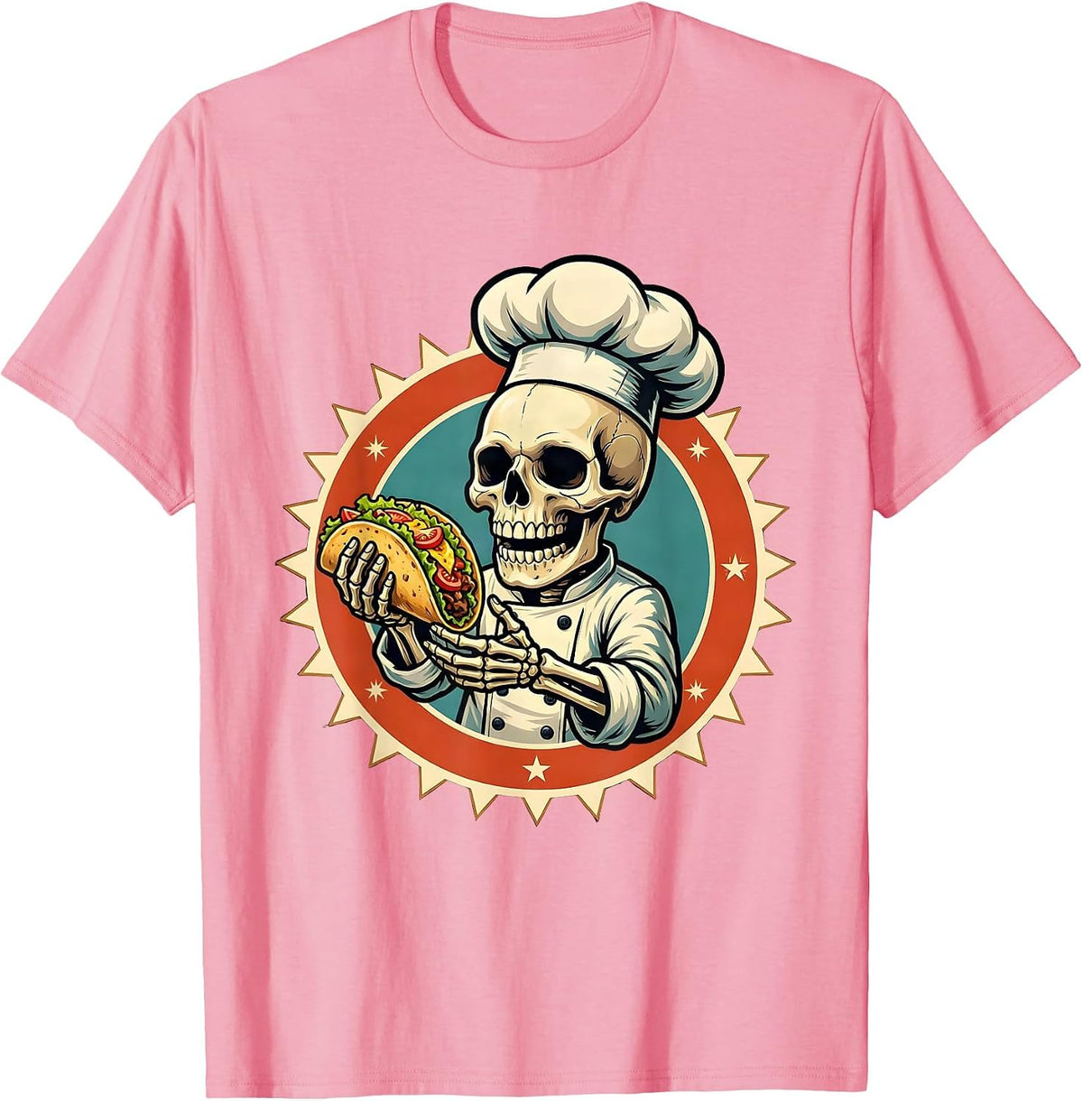 Men's Skeleton Chef Glowing Taco Illustration T-Shirt - Pink