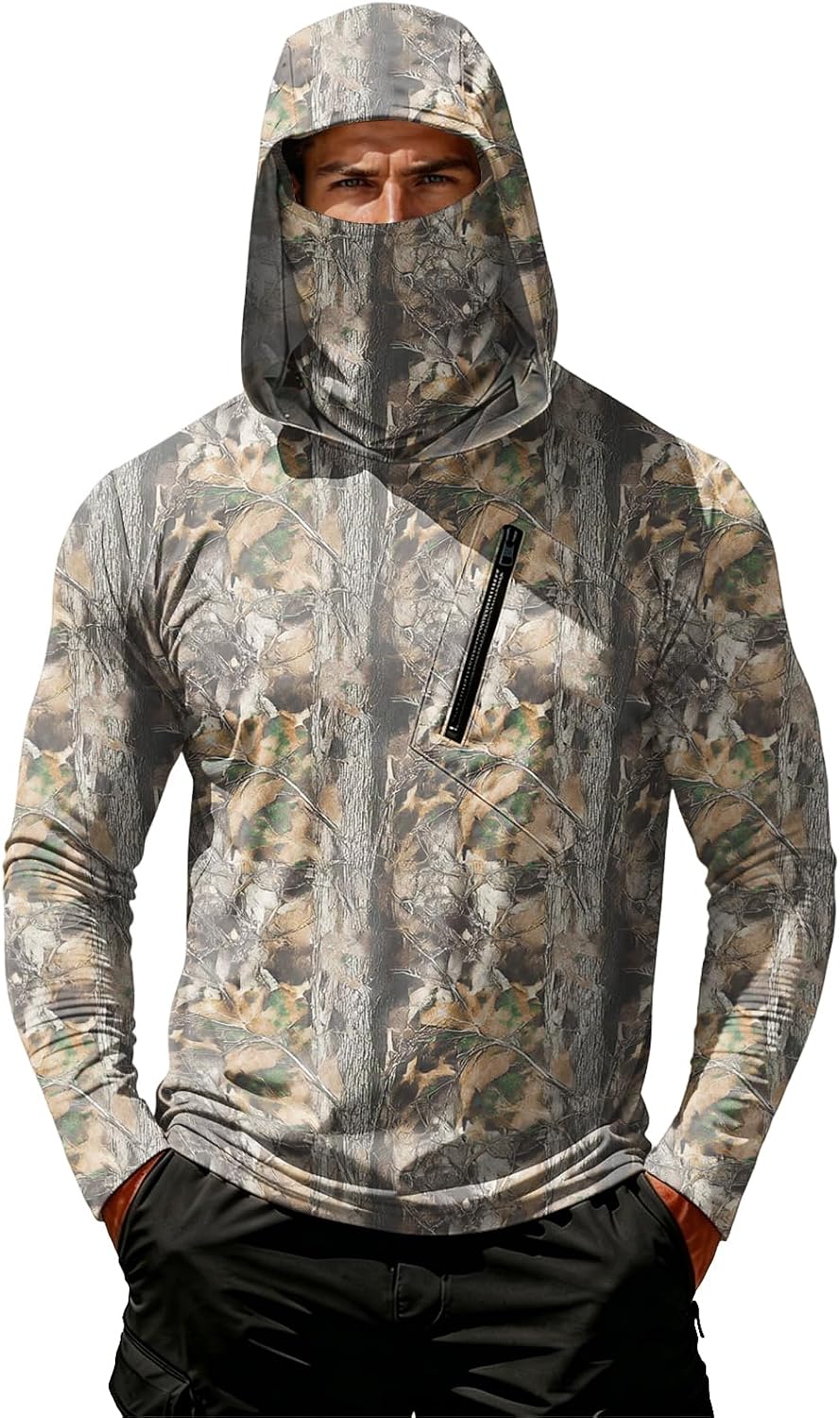 Camo Long Sleeve Shirt Men Sun Protection Hooded Fishing Shirts with Face Mask Lightweight Uv Upf 50 Hunting Shirt -