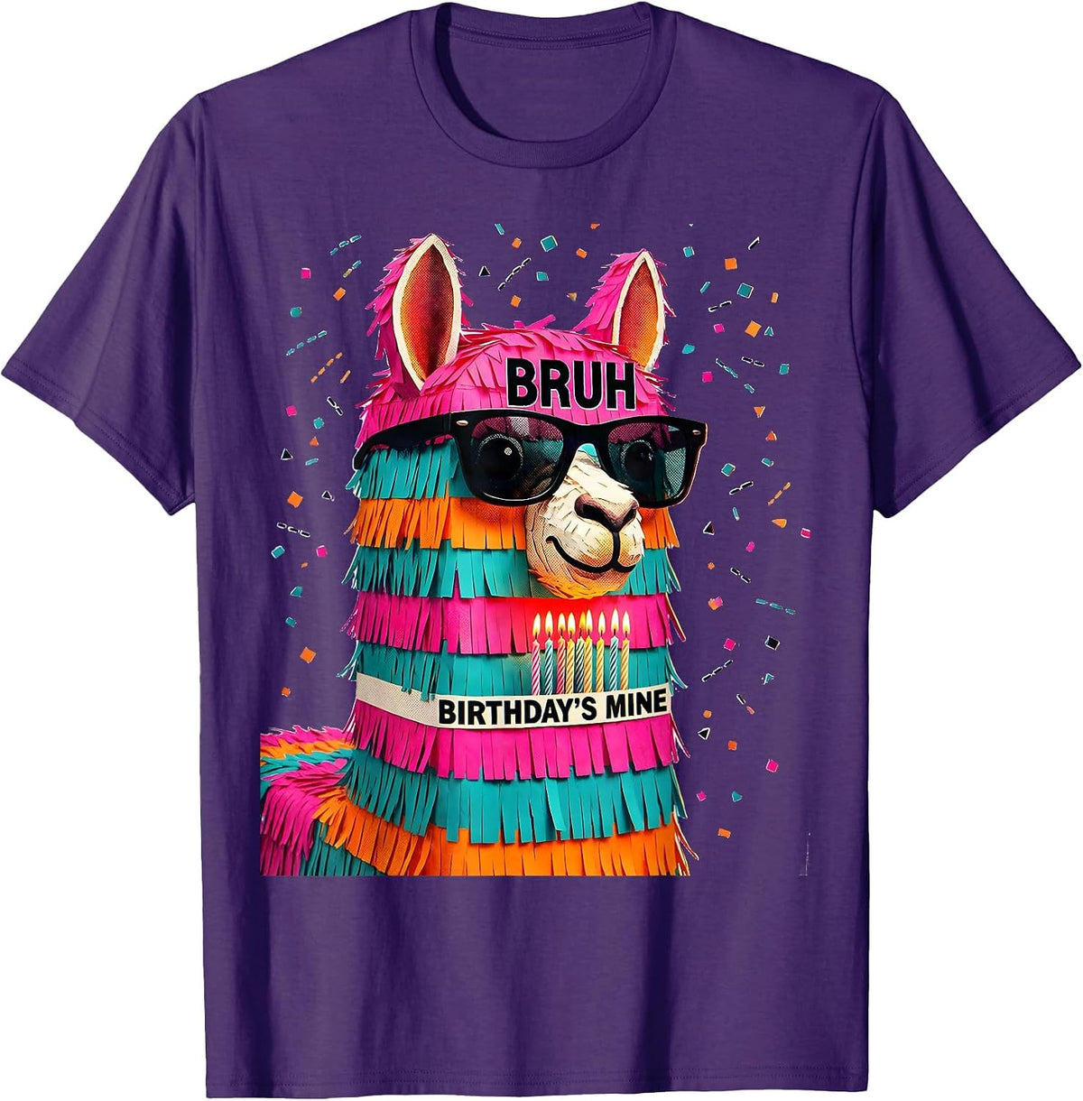 Bruh Birthday's Mine Risograph Llama Pinata Party Humor T-Shirt - Purple