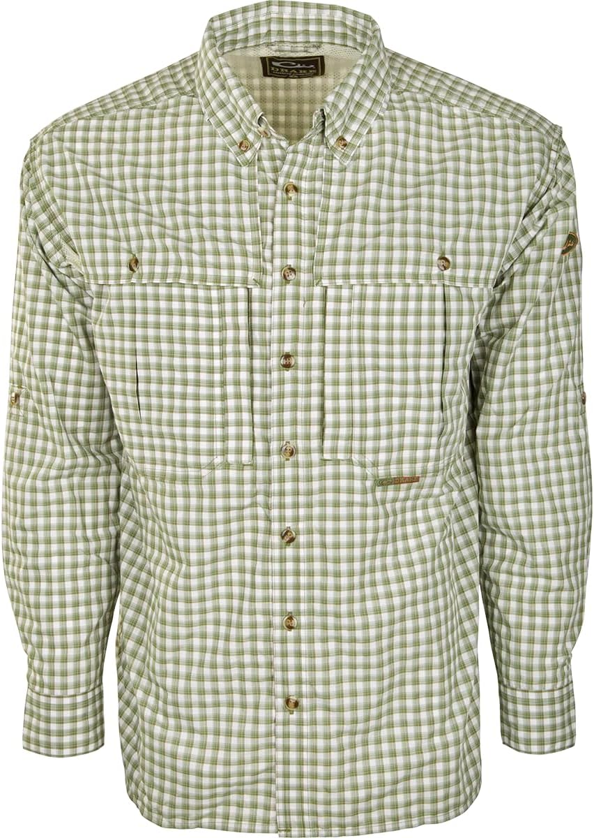 DRAKE Waterfowl Men's FeatherLite Plaid Wingshooter's Quick-Drying Moisture-Wicking Long Sleeve Shirt - Green Plaid