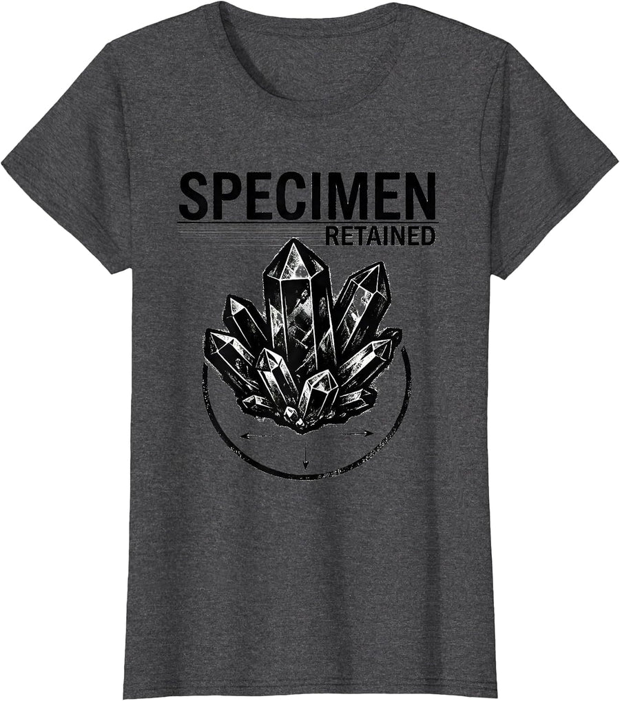 Women's Specimen, Retained Rubber Stamp Geology Rock Collector Humor T-Shirt - Dark Heather Grey