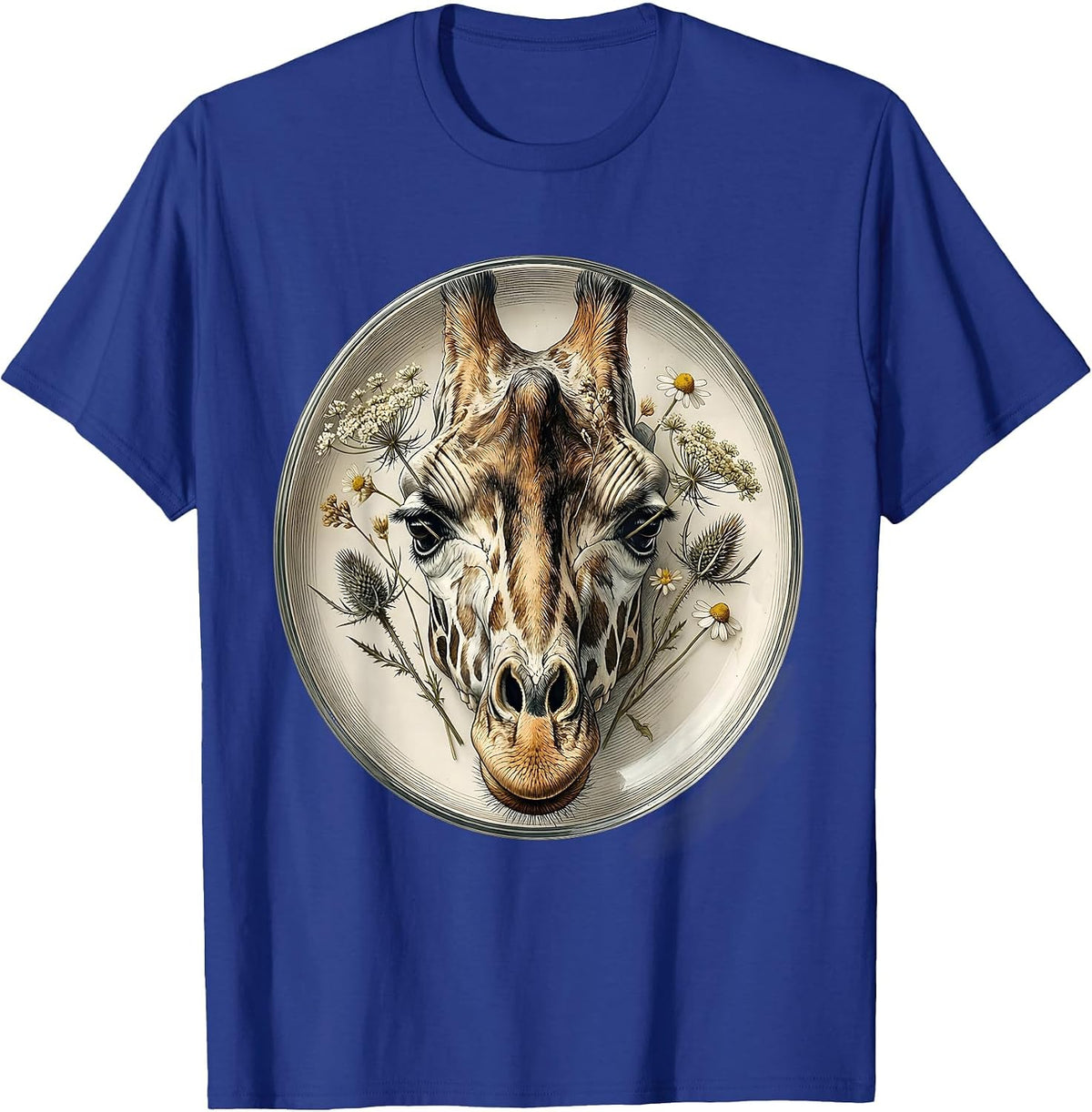 Men's Giraffe Skull Wildflowers Gothic Nature Art T-Shirt - Royal Blue