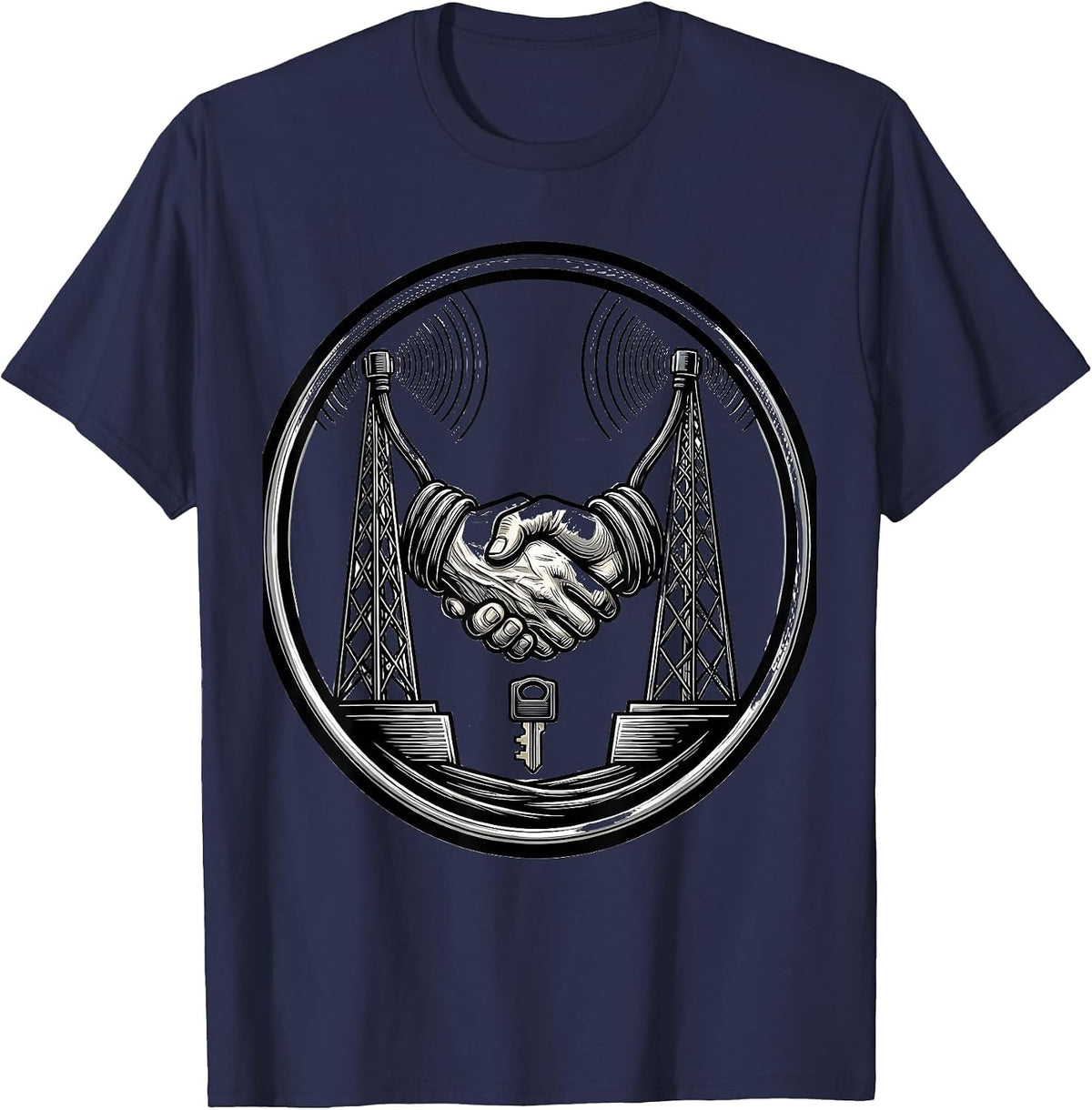 Ham Radio Antenna Masts Handshake Humor Operator Gift T-Shirt - Navy Blue