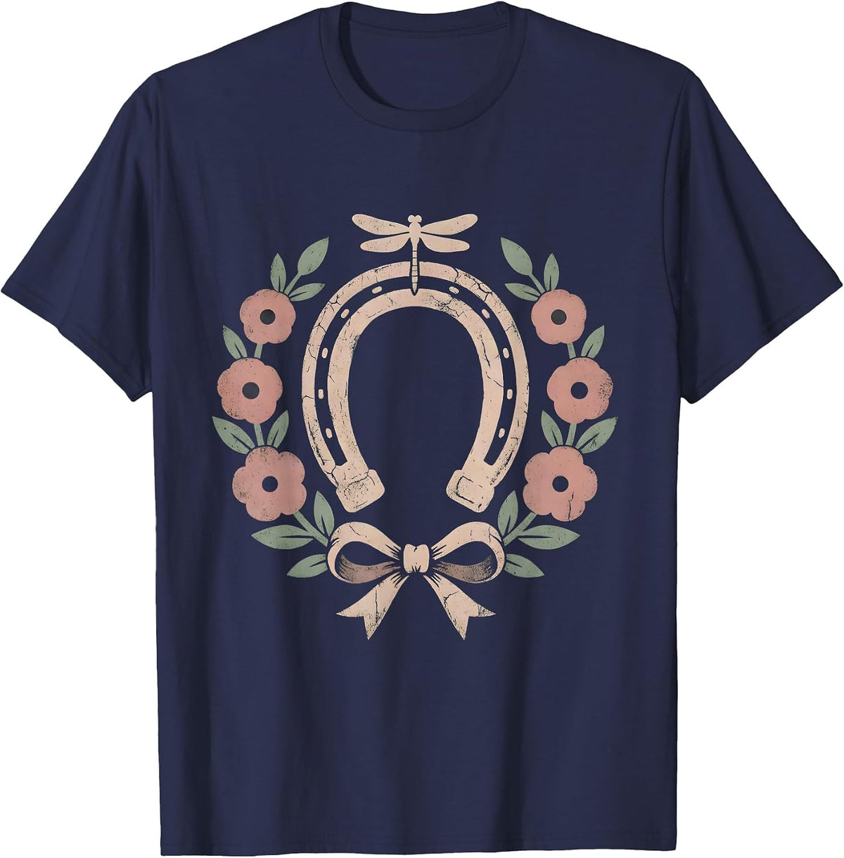Derby Floral Horseshoe Wildflower Wreath Design T-Shirt - Navy Blue