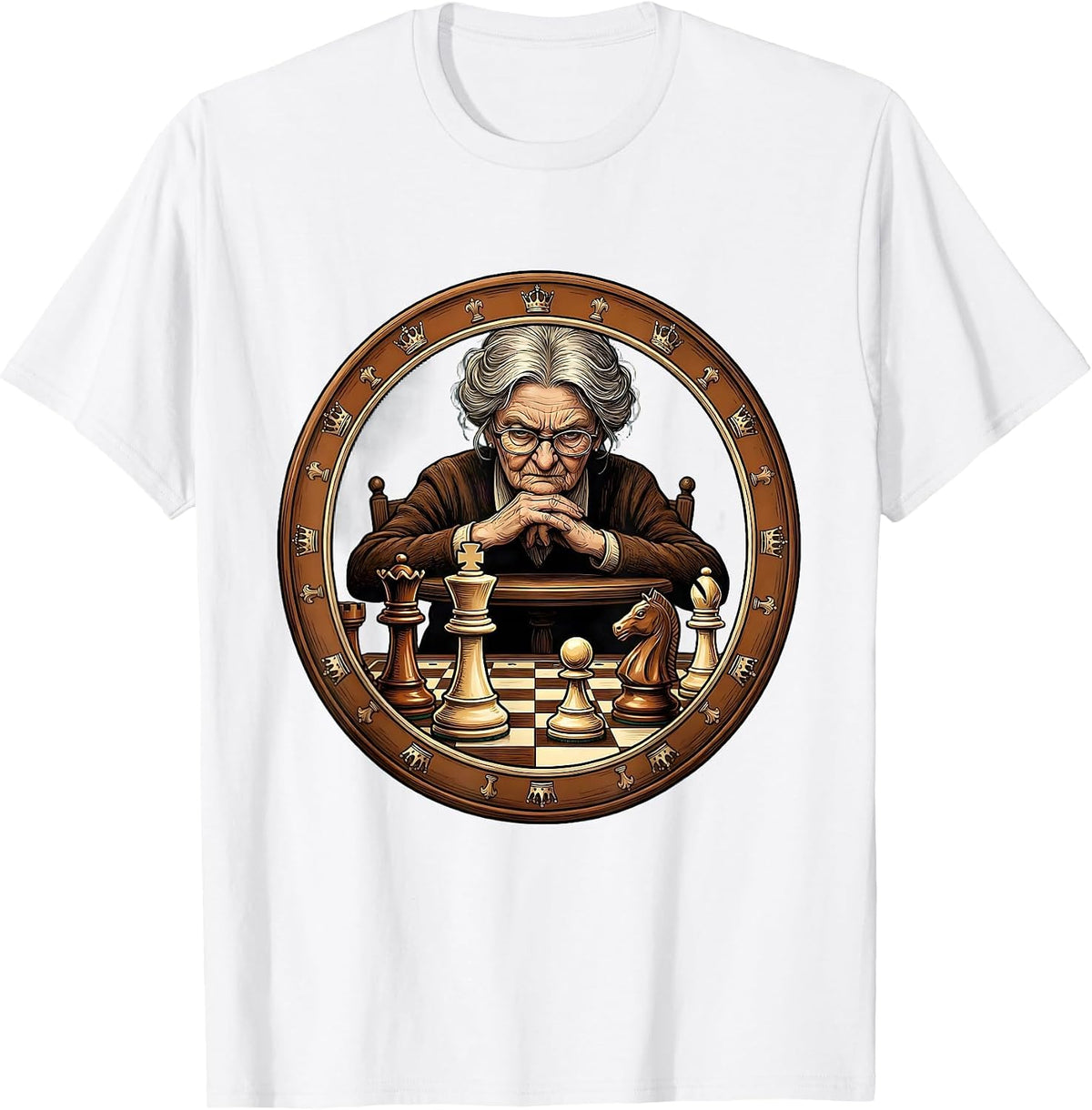 Men's Grandma Chess Player Intense Focus Illustration T-Shirt - White