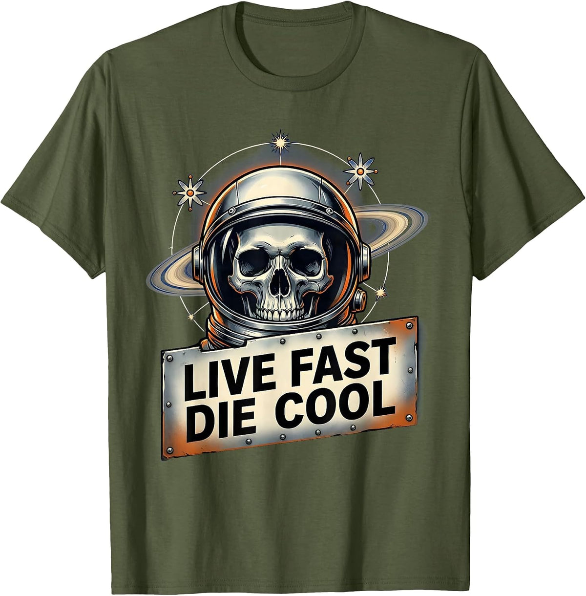 Live Fast Die Cool Skull Graphic Design T-Shirt - Olive Green