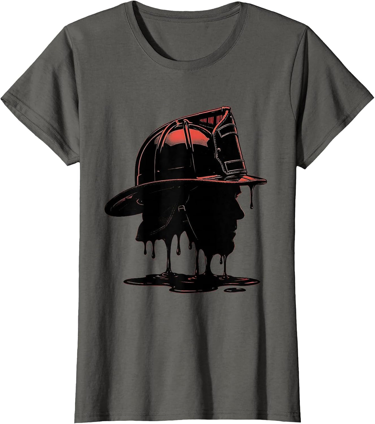 Women's Leather Firefighter Helmet Melted Badge Illustration T-Shirt - Asphalt Grey