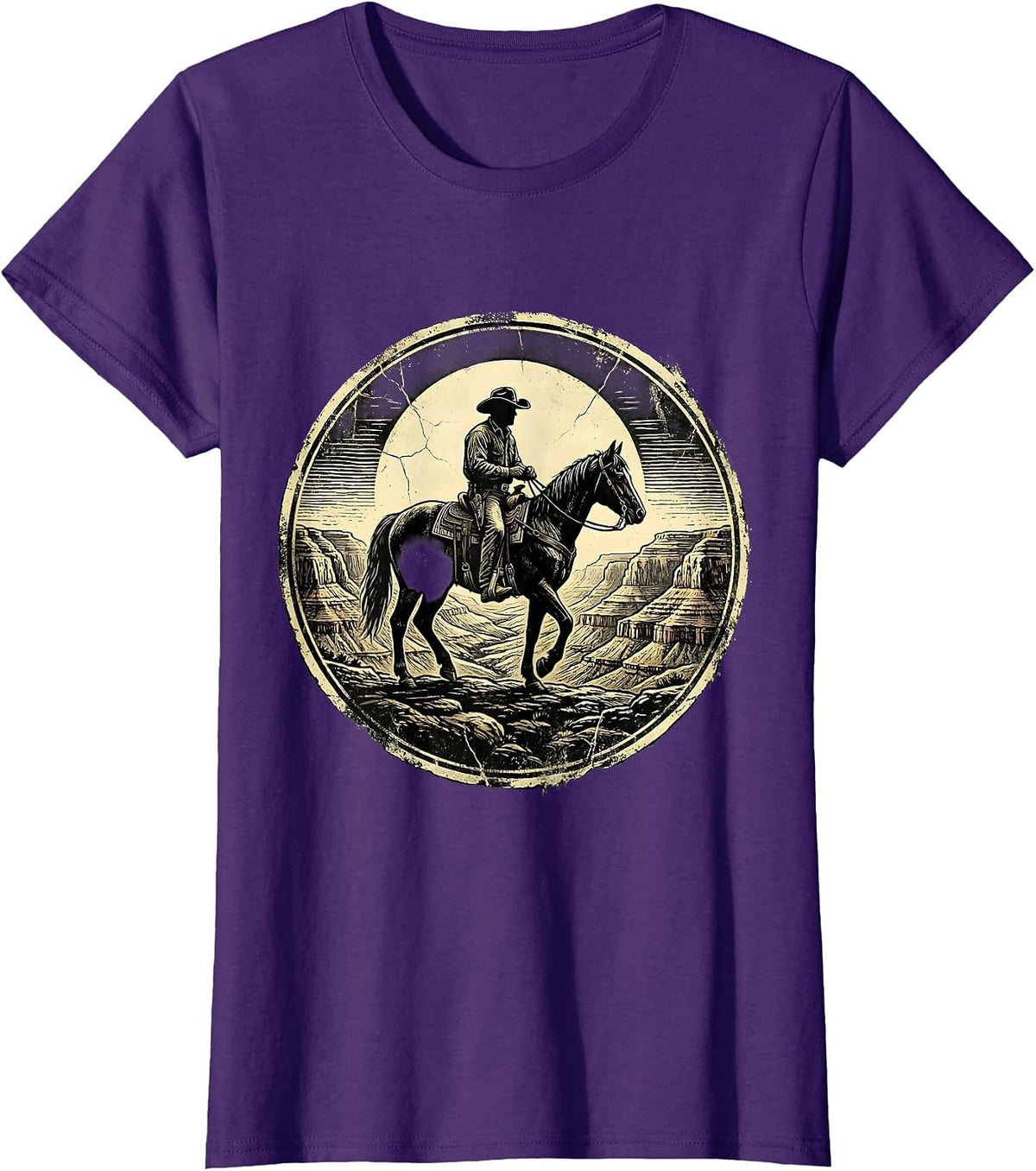 Women's Cowboy Silhouette Riding Into Canyon Sunset T-Shirt - Purple