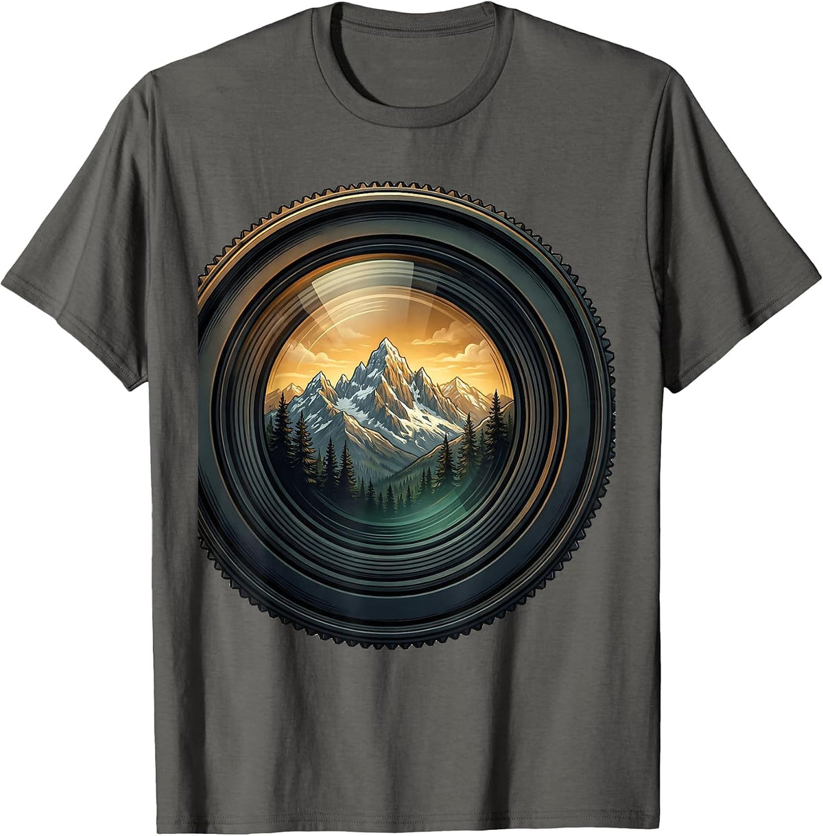 Camera Lens Mountain Landscape Reflection Art T-Shirt - Asphalt Grey