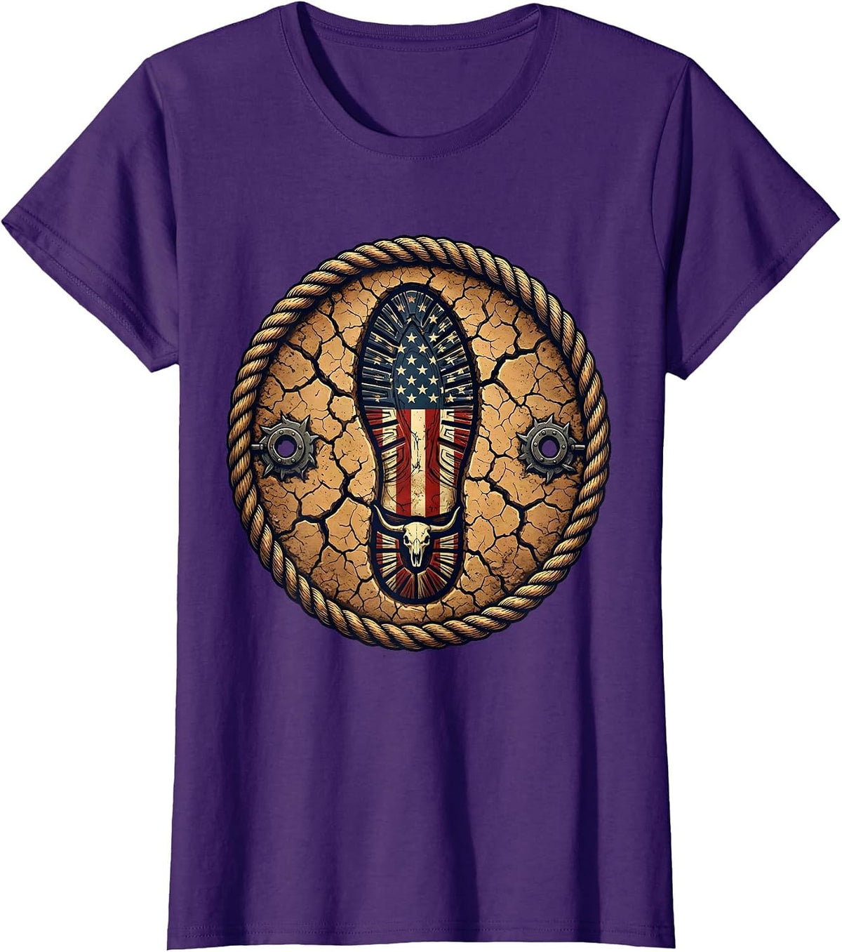 Women's Soldier Boot Print Stamped in Earth Patriotic Tee T-Shirt - Purple