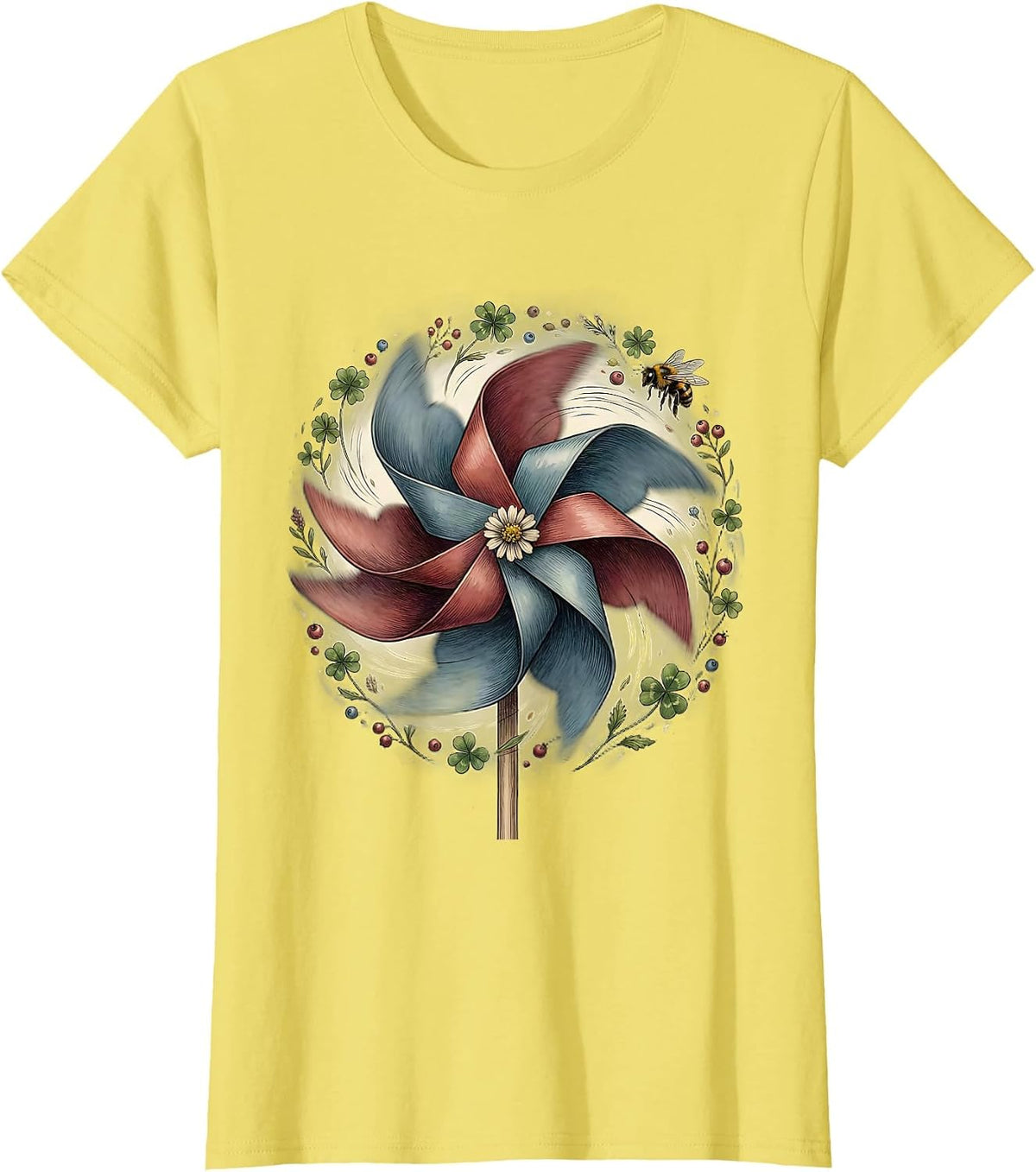 Women's Red White Blue Pinwheel Garden Wind Illustration T-Shirt - Lemon Yellow