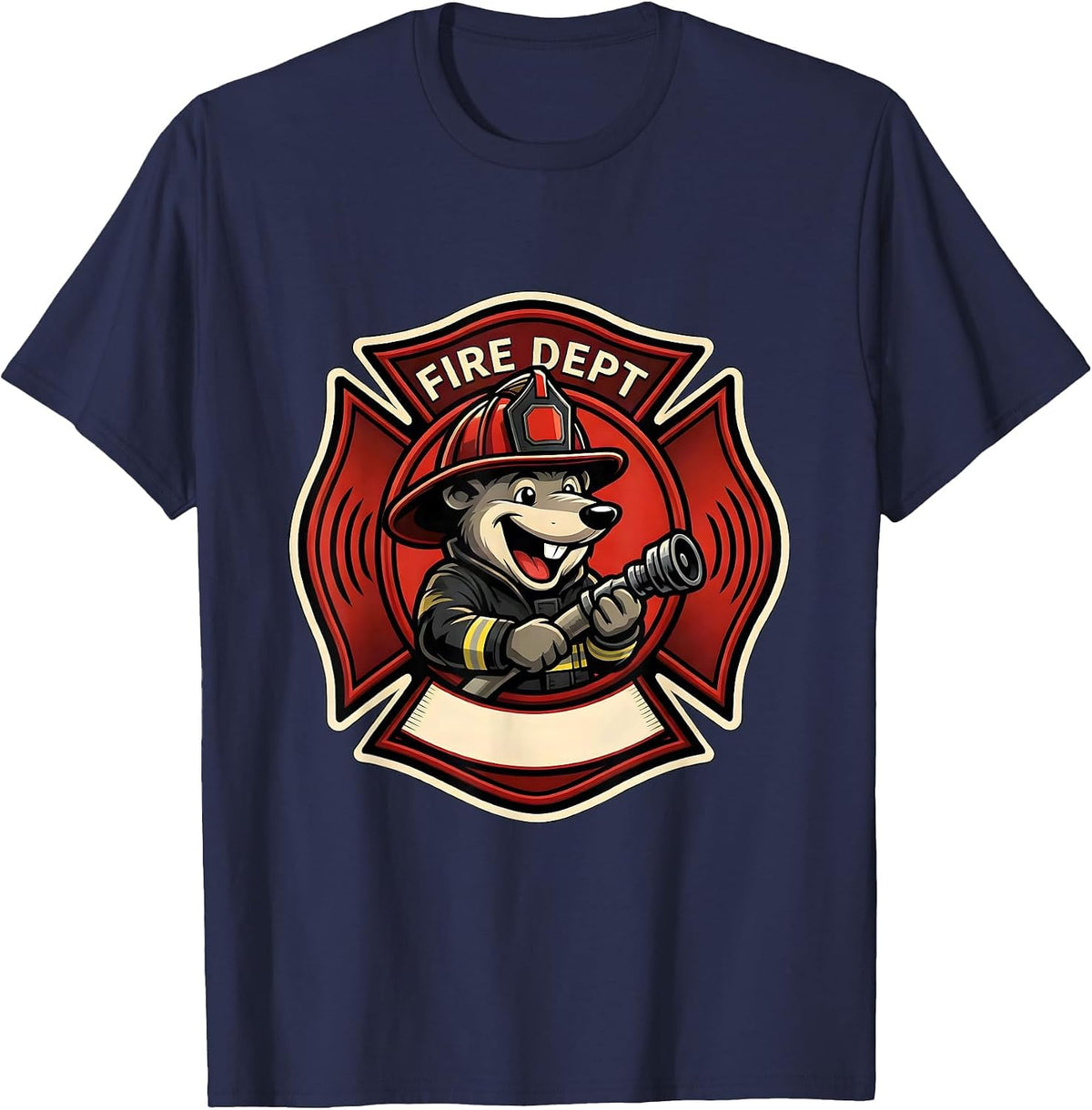 Men's Fire Dept Cheerful Mole Firefighter Mascot Logo Humor T-Shirt - Navy Blue