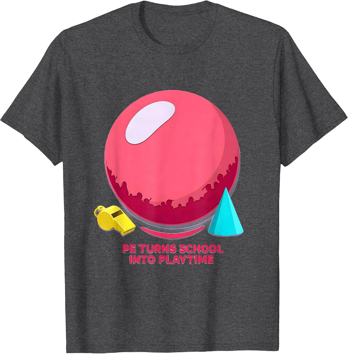 Men's PE Turns School Into Playtime Funny PE Teacher Gym Humor T-Shirt - Dark Heather Grey