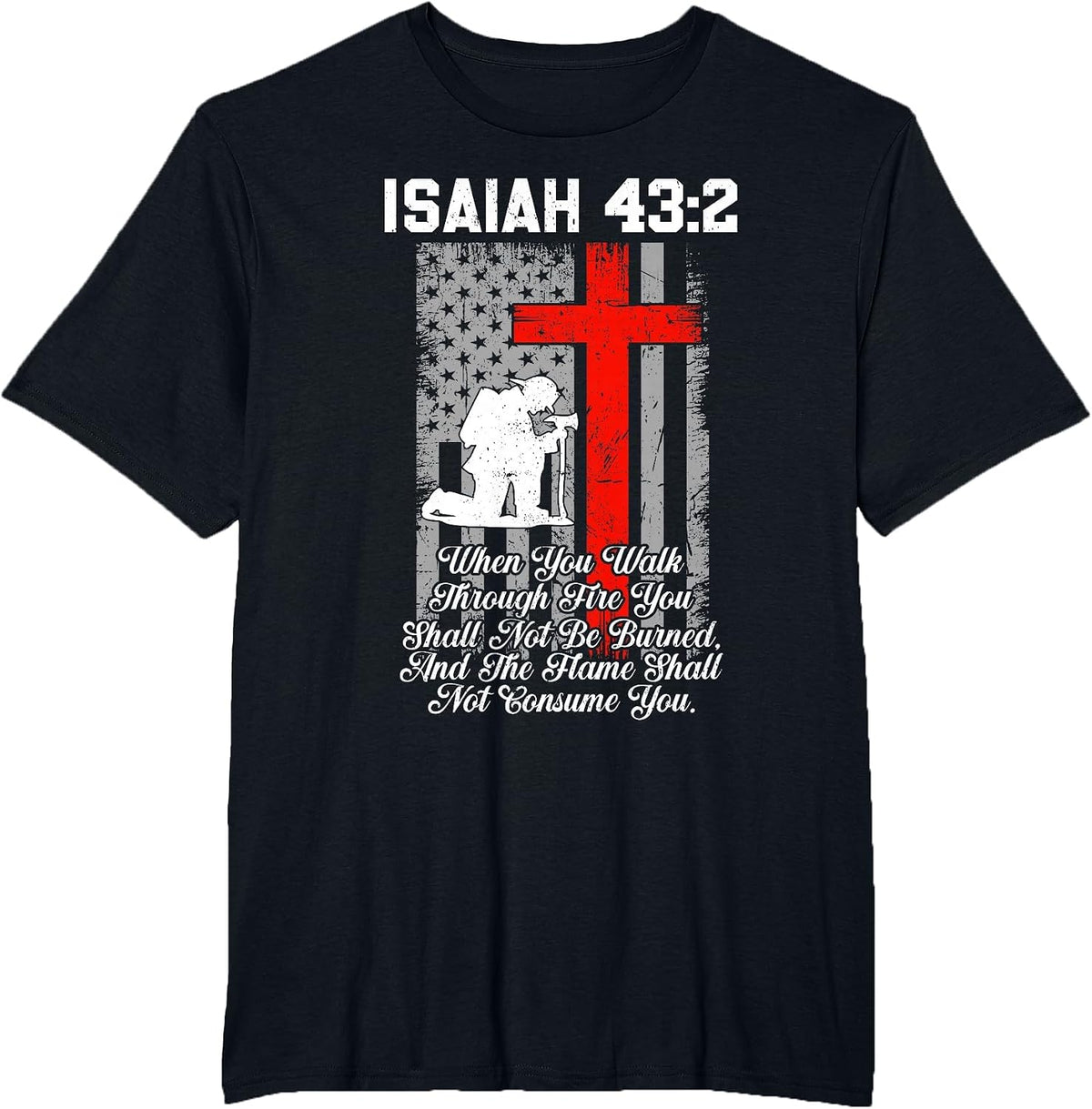 Patriotic American US Flag Firefighter Cross Christian T-Shirt - Black