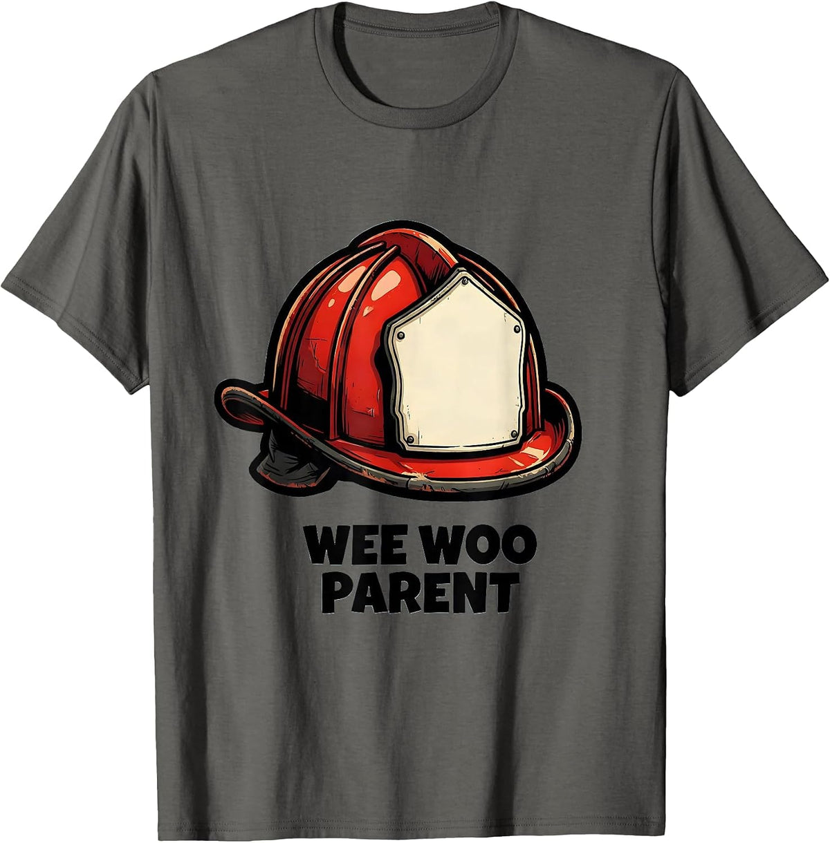 Wee Woo Parent Cartoon Firefighter Helmet Family Humor T-Shirt - Asphalt Grey
