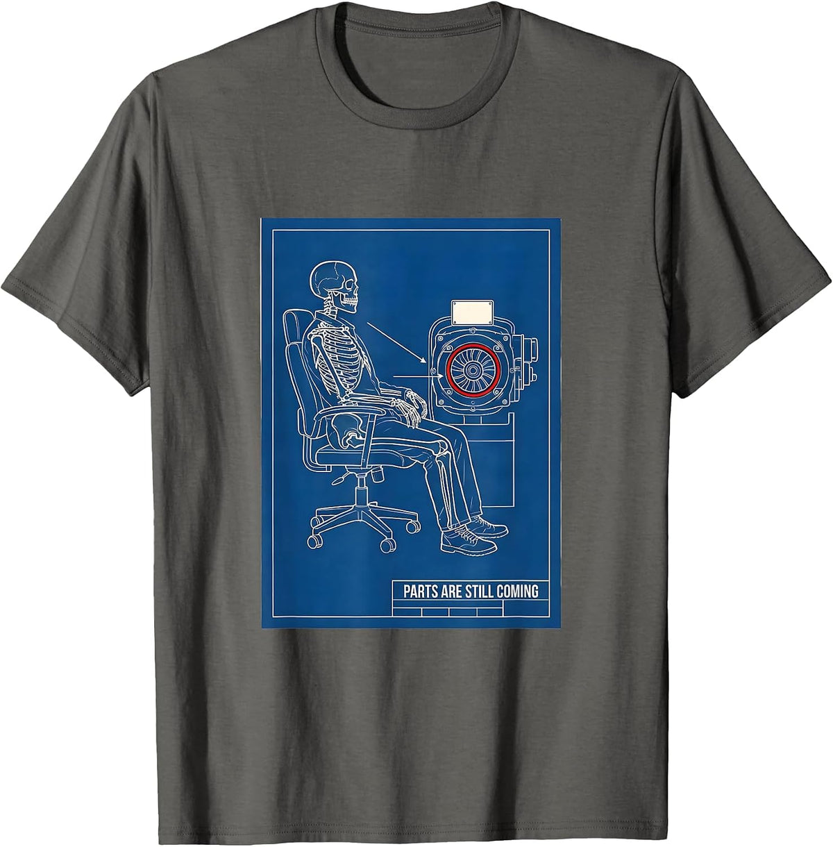 Men's PARTS ARE STILL COMING Technical Blueprint Mechanic Skeleton T-Shirt - Asphalt Grey