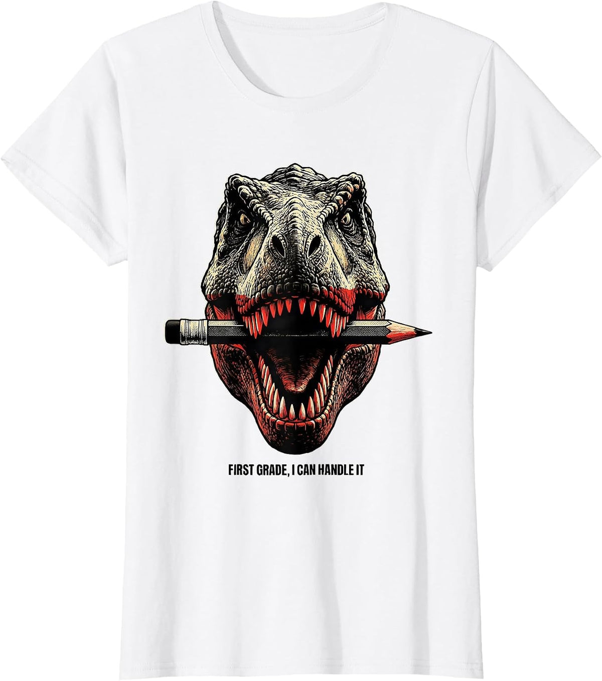 Women's First Grade I Can Handle It Playful Dinosaur Boy Back T-Shirt - White