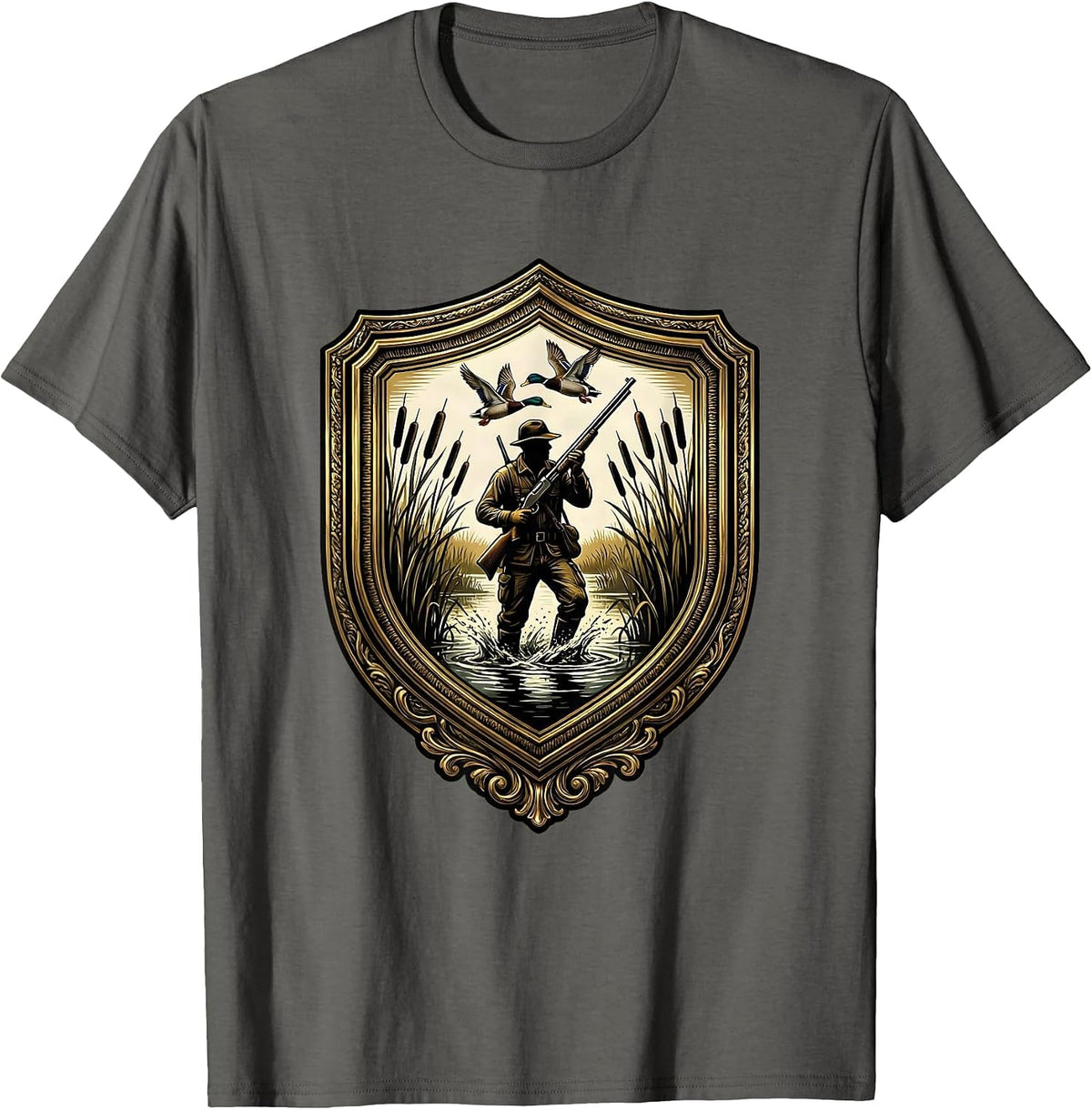 Camo Waterfowl Hunter Wading Through Marsh T-Shirt - Asphalt Grey