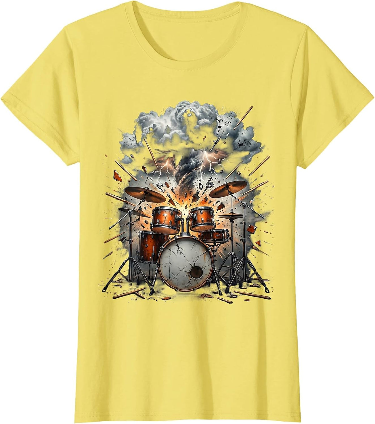 Drum Kit Explosion Thundercloud Burst Design T-Shirt - Lemon Yellow
