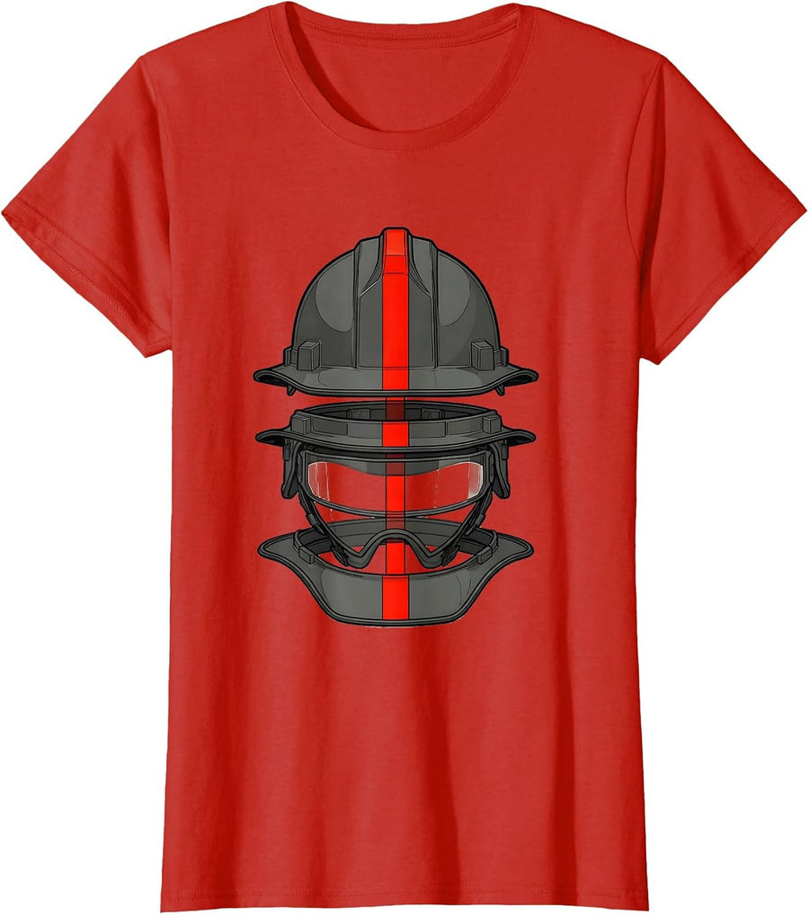 Women's Exploded Turnout Helmet Firefighter Tribute Gift T-Shirt - Red