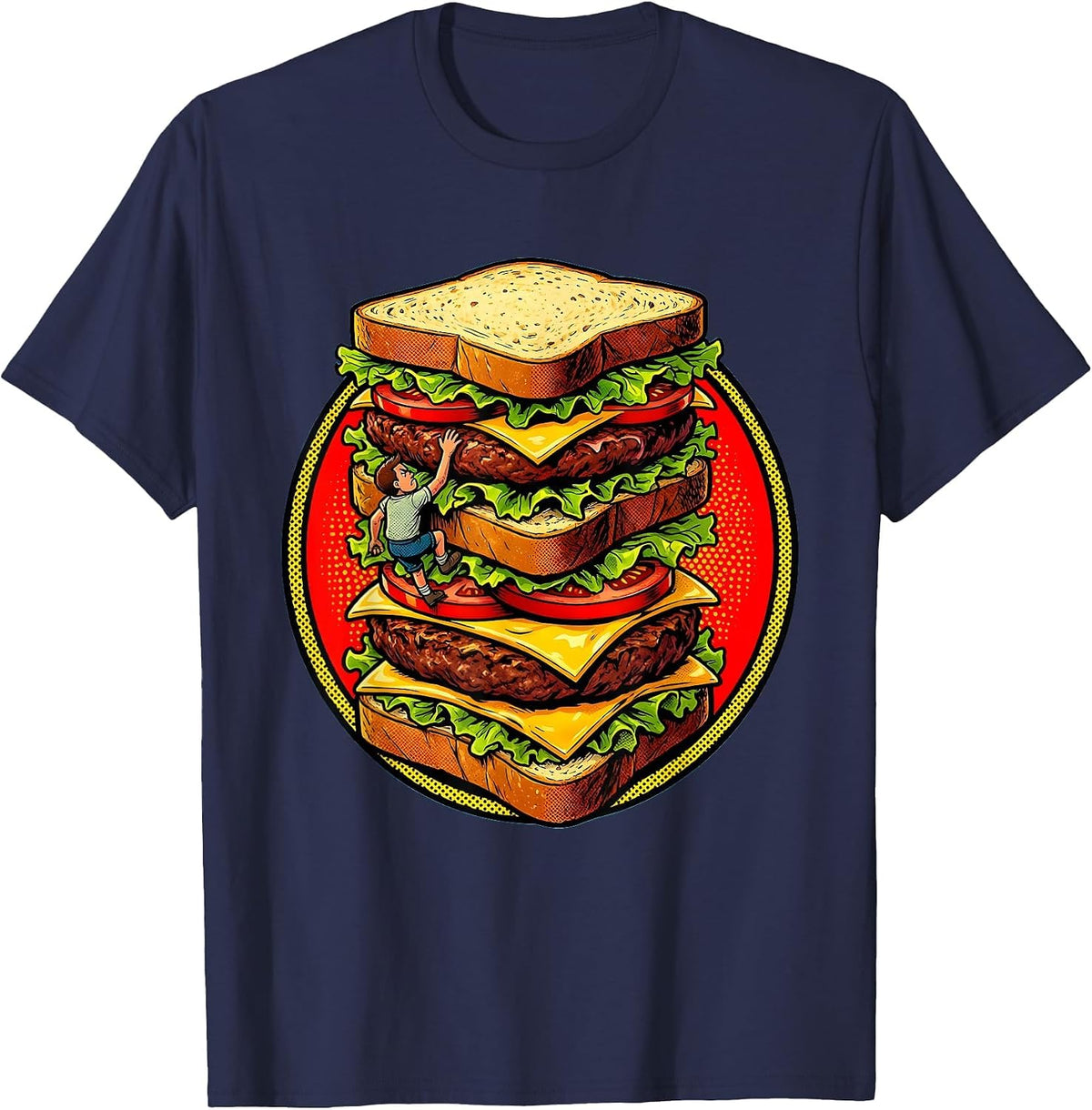 Tiny Man Climbing a Giant Stacked Sandwich T-Shirt - Navy Blue
