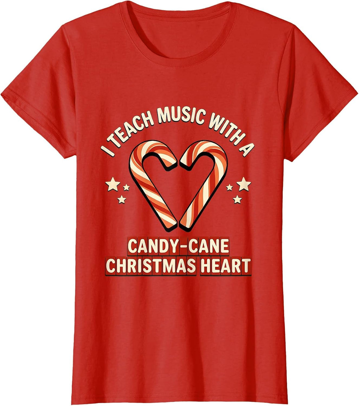 I Teach Music With A Candy-Cane Christmas Heart Teacher T-Shirt - Red