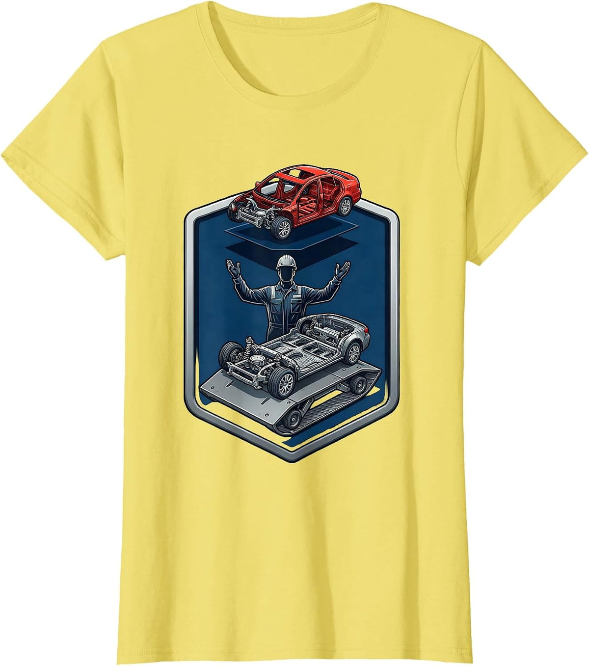 Pit Crew Mechanic Sliding Under Car Creeper T-Shirt - Lemon Yellow