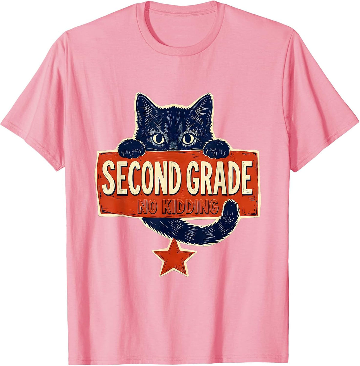 Men's Second Grade No Kidding Linocut Kitten Back To School Girls T-Shirt - Pink