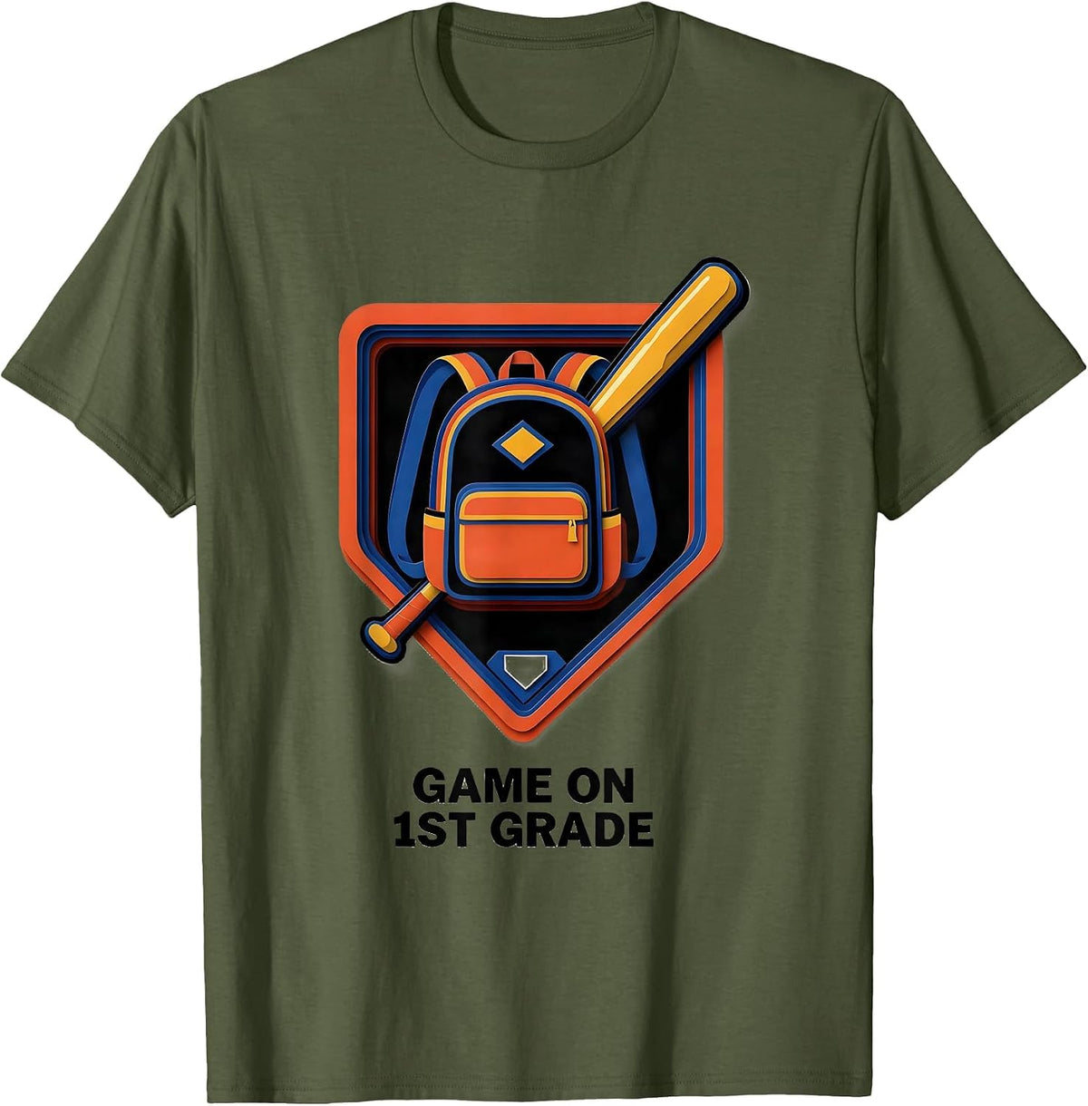 Game On 1st Grade Playful Back To School Baseball Drip T-Shirt - Olive Green