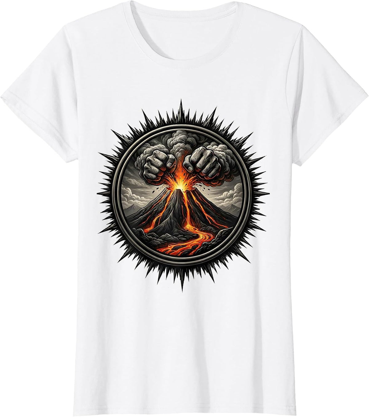 Exploding Volcano Lava Fists Graphic Design T-Shirt - White