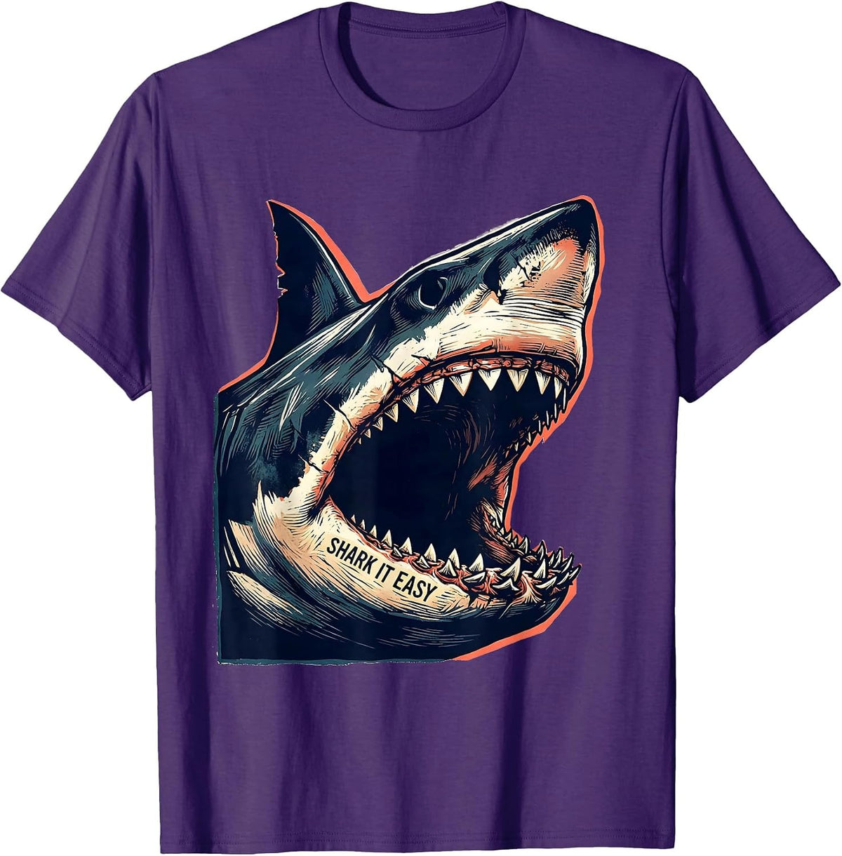 Men's Shark It Easy Linocut Funny Shark Lover Ocean Animal Humor T-Shirt - Purple