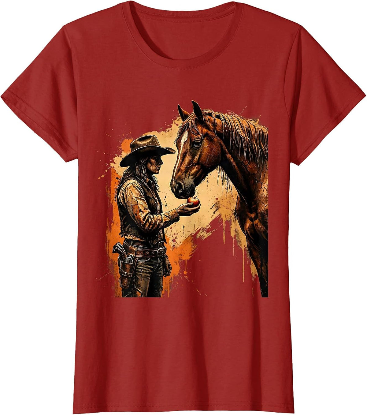 Cowgirl Feeding Apple to Chestnut Horse T-Shirt, Women, Cranberry Red, X-Small - As Pictured