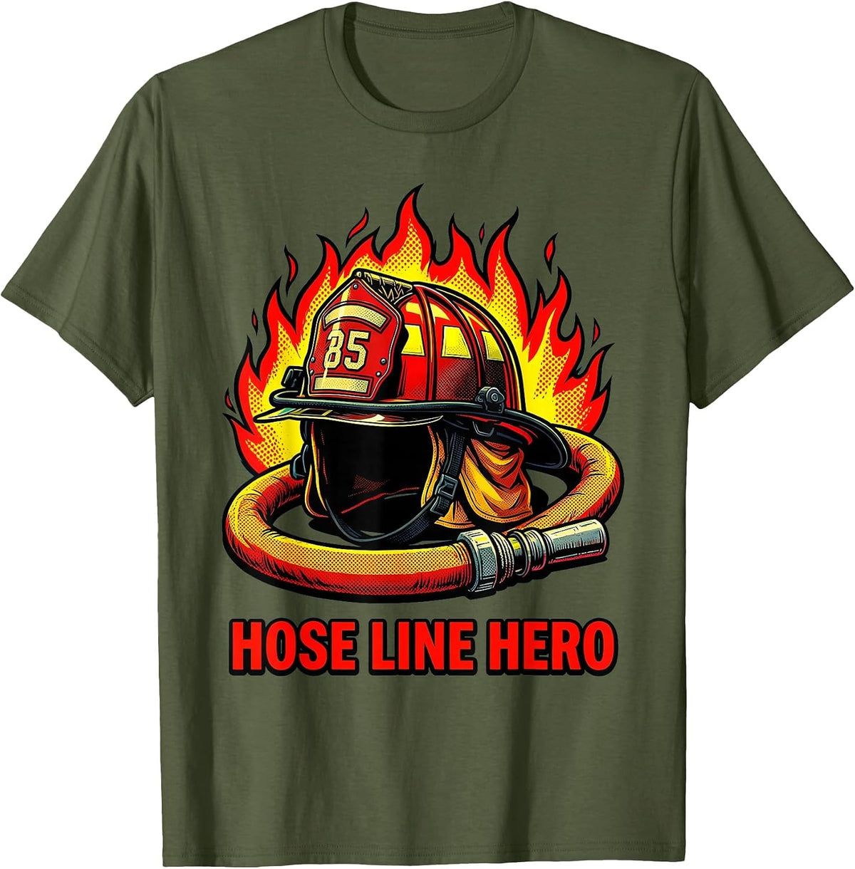 Hose Line Hero Firefighter Graphic Design T-Shirt - Olive Green