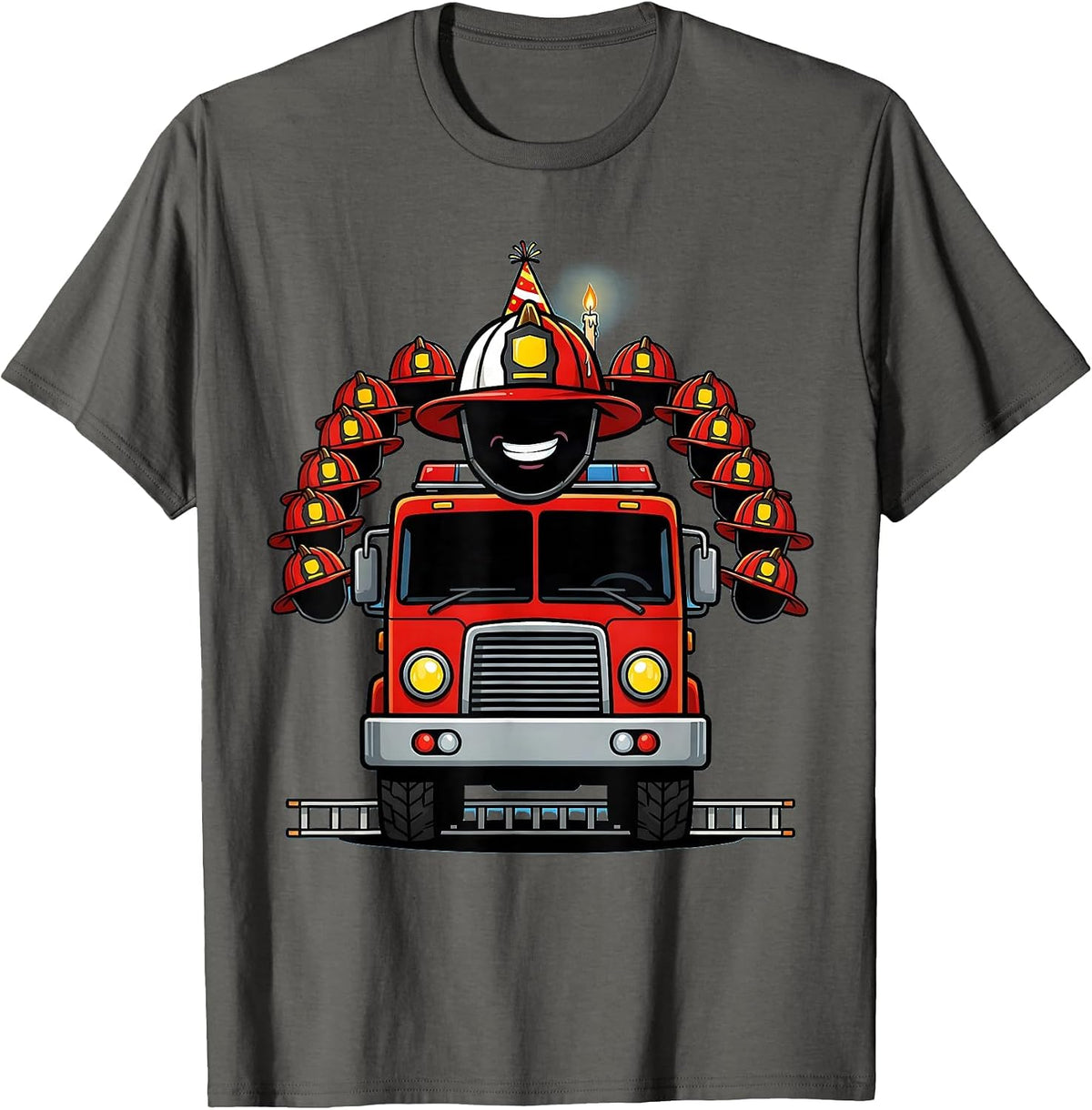 Birthday Boy Fire Truck Firefighter Party Family Matching T-Shirt - Asphalt Grey