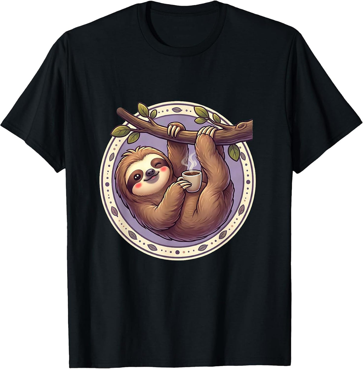Men's Funny Sloth Hanging With Coffee Graphic Tee T-Shirt - Black