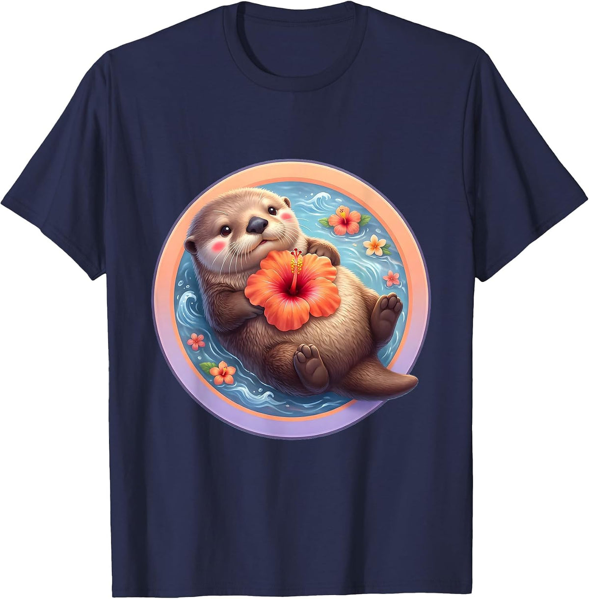 Hawaiian Sea Otter Floating With Flower Illustration T-Shirt - Navy Blue