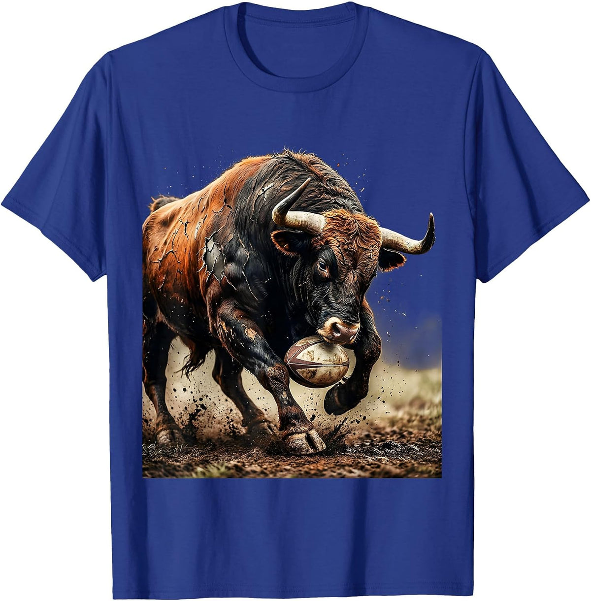 Charging Bull Rugby Player Graphic Tee T-Shirt - Royal Blue