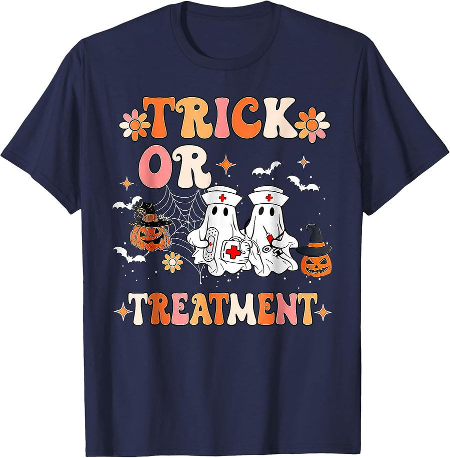 Trick Or Treatment Ghost Paramedic Halloween Nurse T-Shirt - Navy Blue