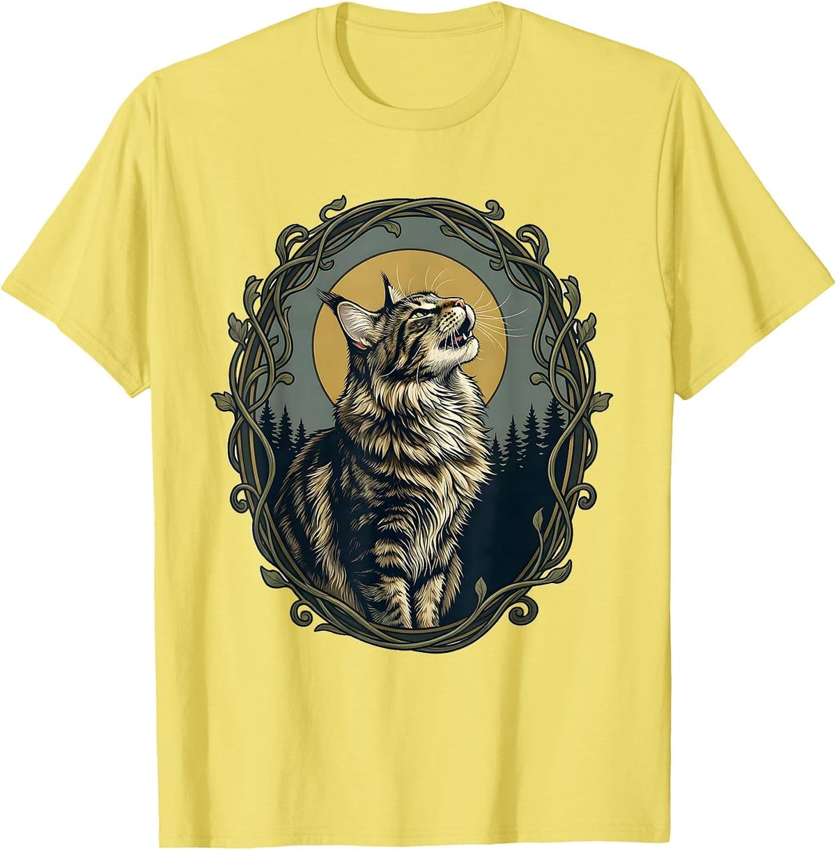 Men's Maine Coon Cat Howling at Moon Art Nouveau Whimsical T-Shirt - Lemon Yellow