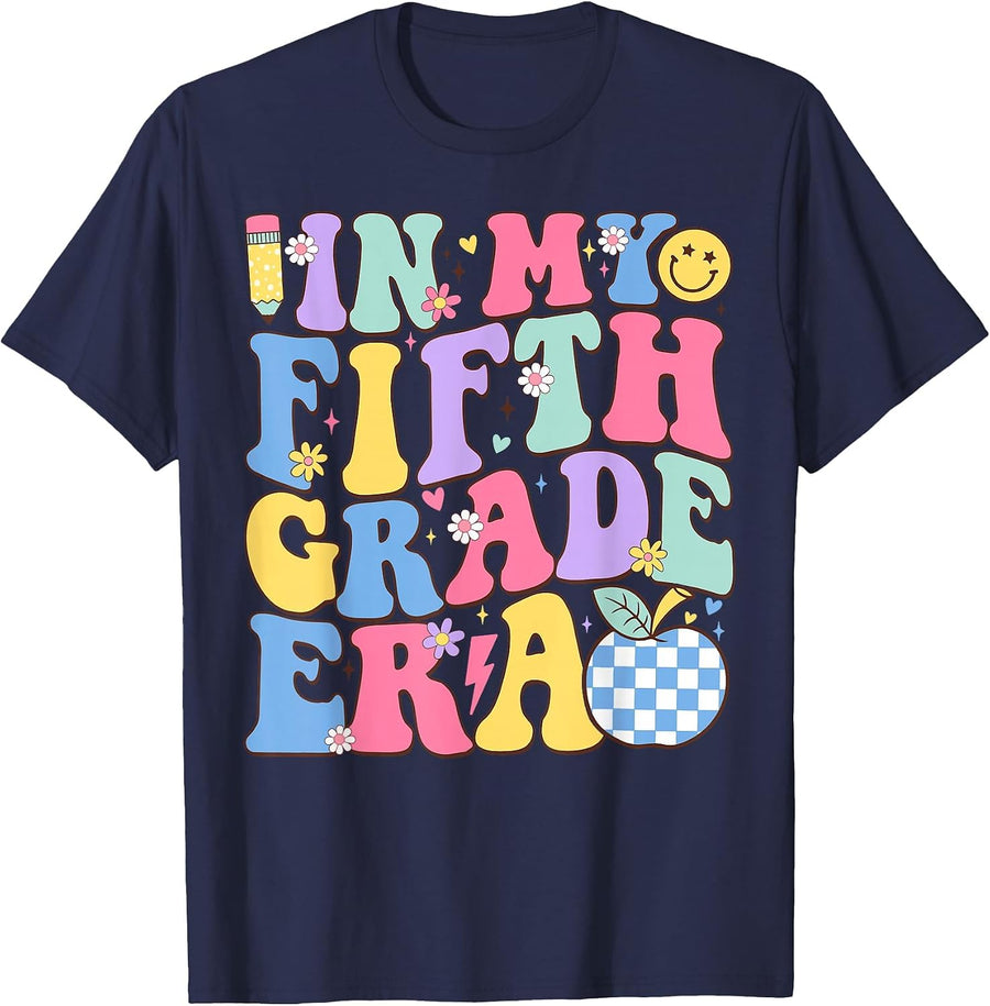 in My Fifth Grade Era Groovy Back to School Teachers Kids T-Shirt - Navy Blue