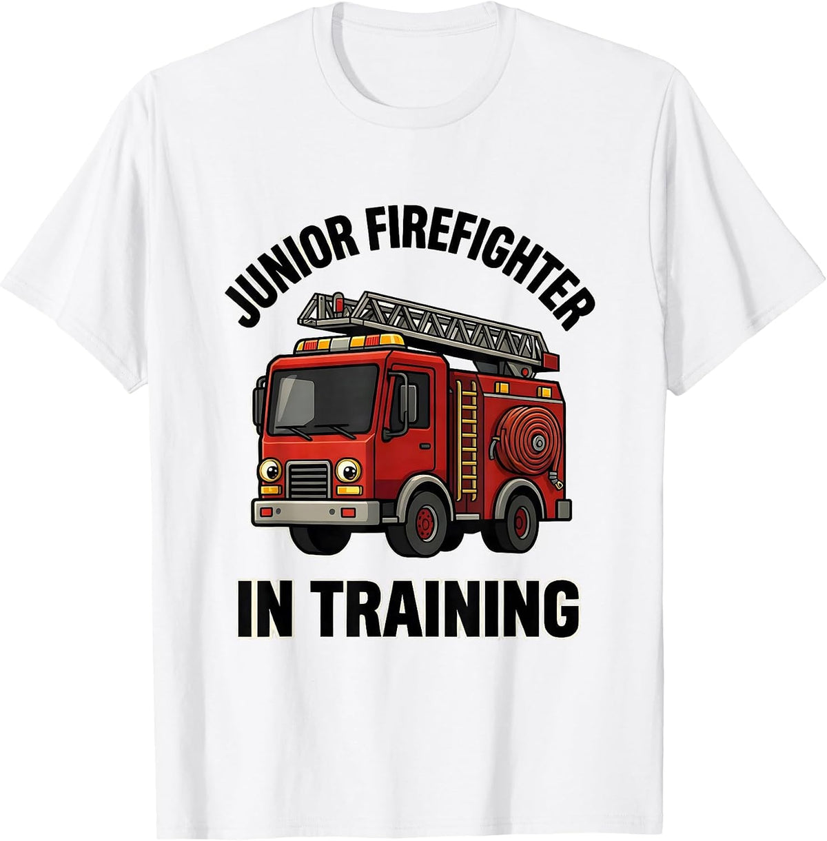 Men's Junior Firefighter In Training Bold Cartoon Fire Truck Kids T-Shirt - White